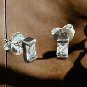Carefree CZ Stud Earrings, 925 Sterling Silver Emerald-Cut Clear Prong Set